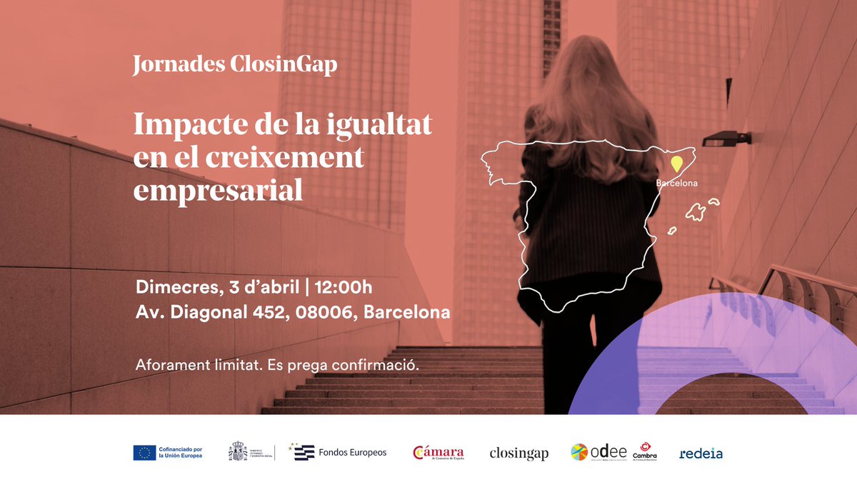 odeecambra's tweet photo. 📢Com impacte la igualtat de gènere en el creixement empresarial? 

L'ODEE de la @CambraBCN i @closingap et conviden a una jornada per reflexionar sobre el lideratge i talent femení per impulsar el canvi de cultura empresarial. 

🪶 Inscripcions 👉https://t.co/Y9FIbnWiz5 https://t.co/mg0JzoviDU