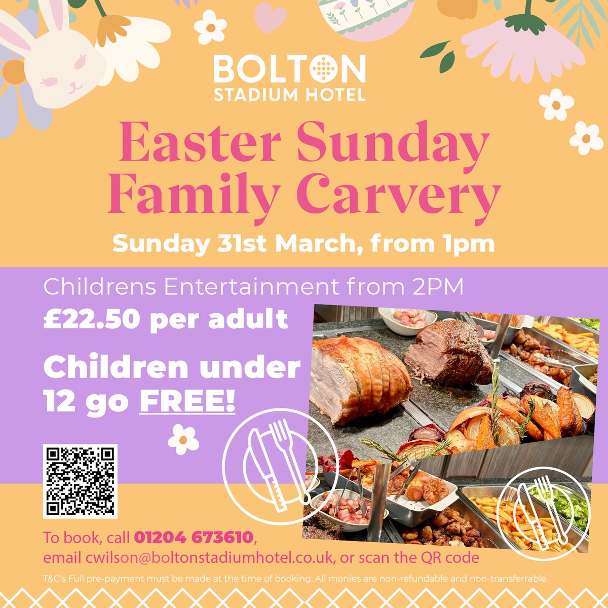 There is still time to book for our Family Easter Carvery, 31st March from 1.00pm, enjoy a 2 course Easter carvery with dessert. Children's Entertainment from 2.00pm. 🐰 📌£22.50 per adult Children Under 12 Free 📞01204 673610 💻events@boltonstadiumhotel.co.uk