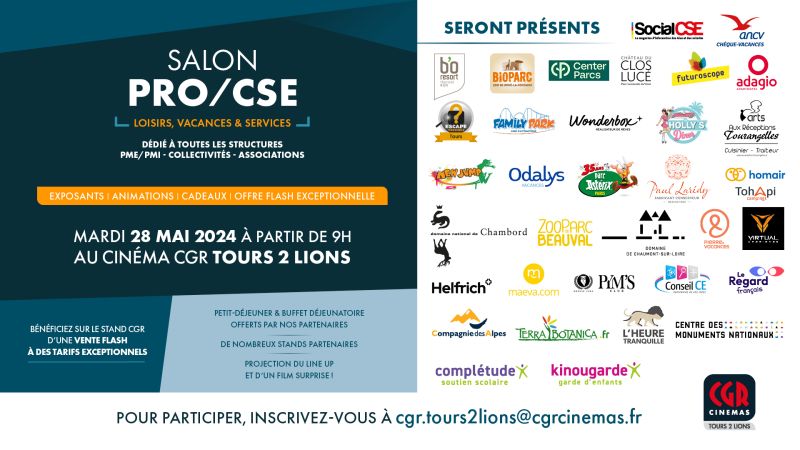 Vous représentez le CE de votre entreprise ? Professionnels, Comités d'entreprise, Associations ou Collectivités : On vous donne rendez-vous le :
📍 Mardi 28 Mai 2024 📍
à notre Salon Pro/CSE au cinéma CGR Tours 2 Lions !
Notre salon est entièrement gratuit.#salonpro #cse #tours
