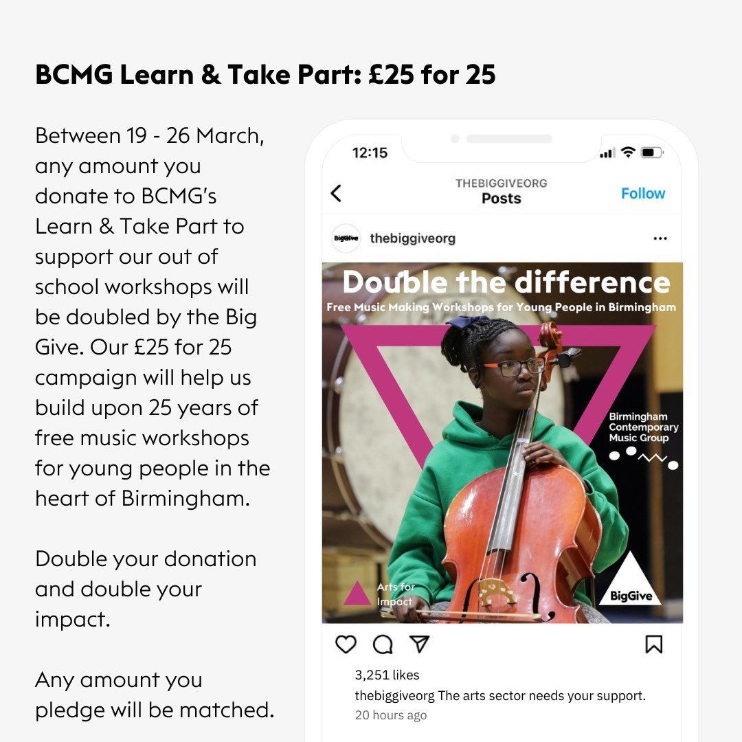 🚨For the next 7 days, you can support BCMG Learn & Take Part’s free weekend workshops, matched and doubled by the Big Give @BigGive Arts For Impact 2024! 🔗Link in Bio - this week only! Every penny you give will be doubled to support young people to compose and perform.