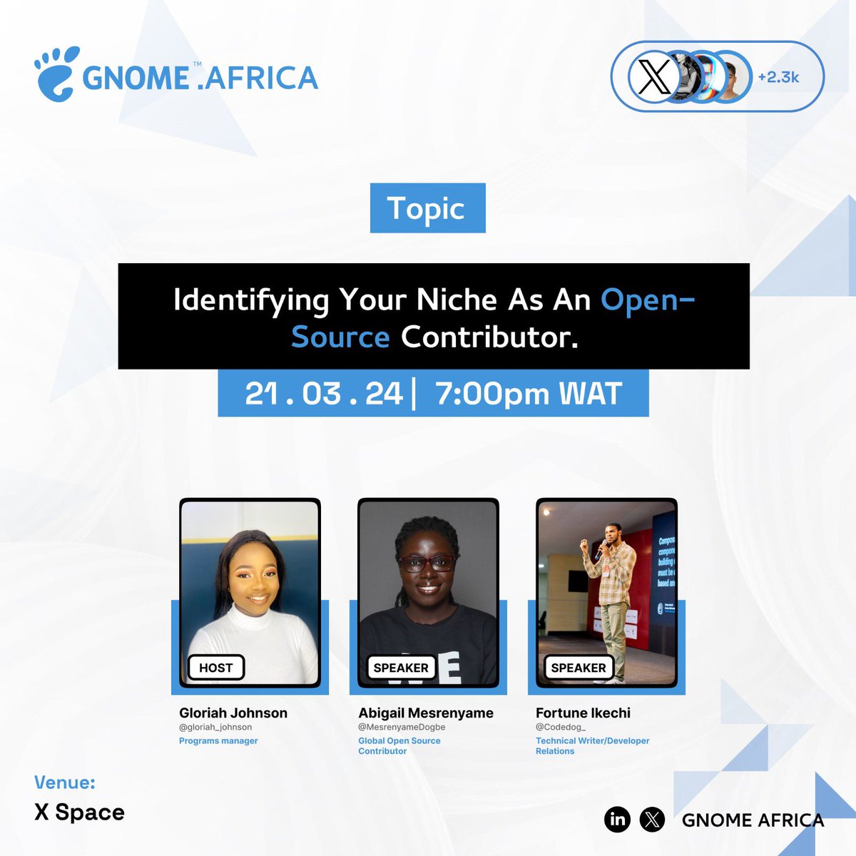 Join us for an empowering session on 'Identifying Your Niche as an Open Source Contributor' featuring speakers @MesrenyameDogbe & @Codedog_ , hosted by @gloriah_johnson 🌟 📆: 21/04/24 (Thursday) ⏰: 7pm Click on the link to schedule & set a reminder: twitter.com/i/spaces/1BRJj…