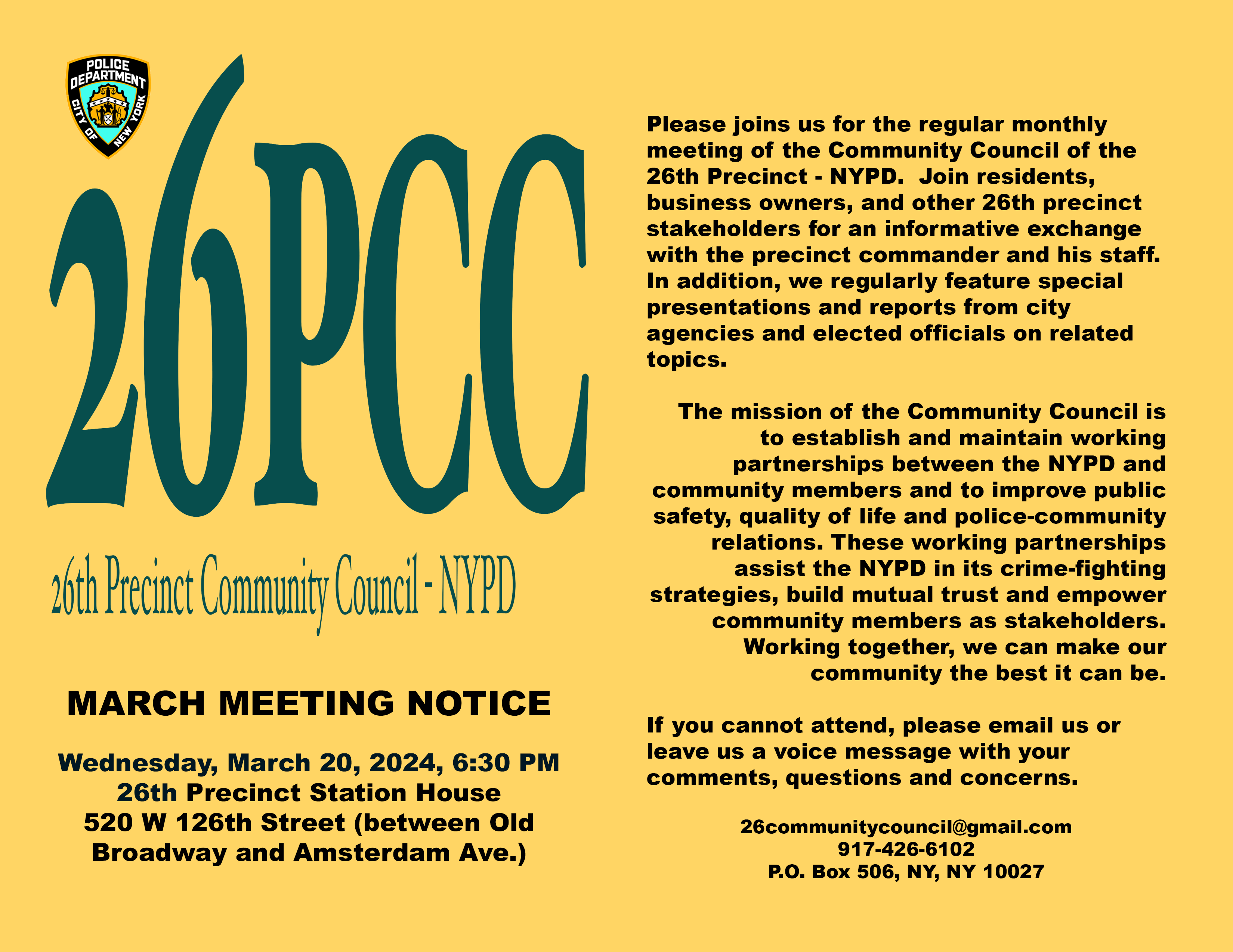 NYPD 26th Precinct on X: Please join us for our monthly Community Council  meeting at 6:30 PM this Wednesday, March 20. This is a great opportunity to  meet your neighbors and to