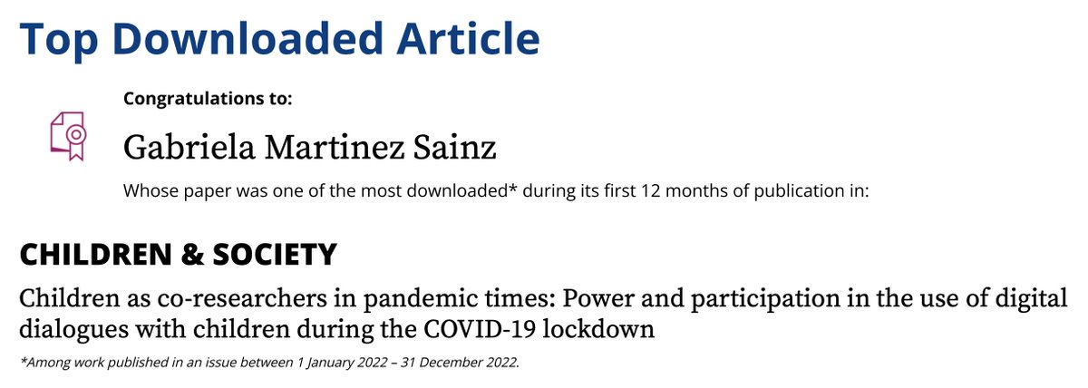 Our paper 'Children as co-researchers in pandemic times: Power and participation in the use of digital dialogues with children during the COVID-19 lockdown' is a #TopDownloadedArticle for @CandS_Journal Evidence of the long-lasting impact of our dear Aoife! @CSLstudyUCD