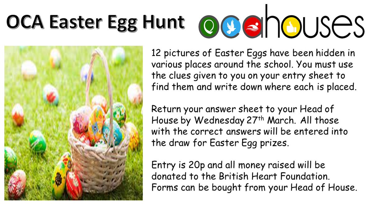 Join in our charity Easter Egg Hunt with all proceeds to the British Heart Foundation. #TeamOCA #OCAhouses #britishheartfoundation