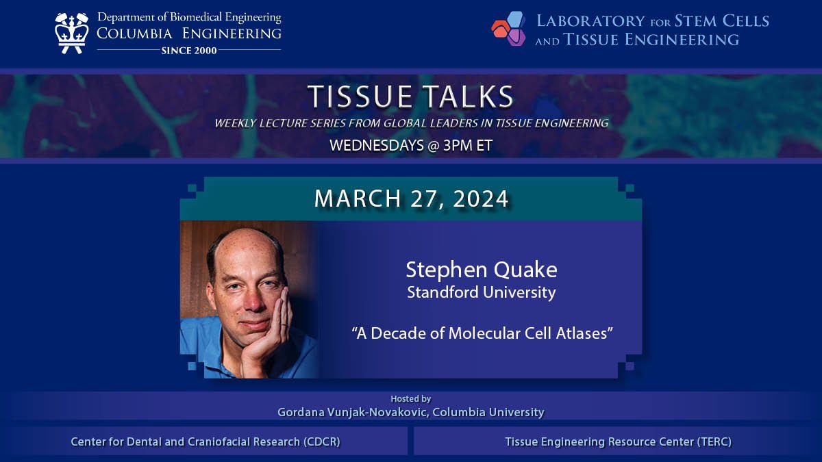 Join us this Wednesday, March 20th at 3 EST for a #TissueTalk with @Stanford @StanfordBioE Prof. @StephenQuake as he presents “A decade of molecular cell atlases.” See you there: bit.ly/tissuetalks