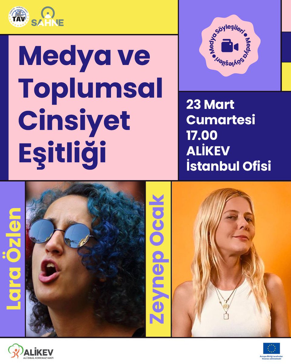 🎤 Medya Söyleşileri: 'Medya ve Toplumsal Cinsiyet' Etkinliğine Davetlisiniz! 📅 Tarih: 23 Mart Cumartesi 🕒 Saat: 17.00 📍 Yer: ALİKEV İstanbul Ofisi Bu ayki konumuz: 'Medya ve Toplumsal Cinsiyet' Konuklarımız, medya alanında deneyimli isimler Lara Özlen ve Zeynep Ocak ile