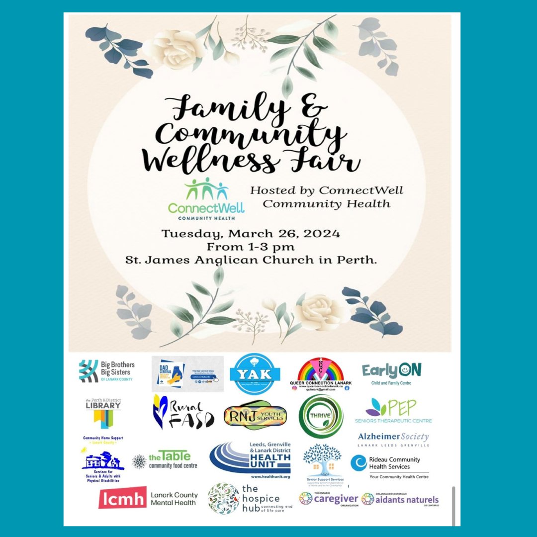 Join us at the Family & Community Wellness Fair hosted by ConnectWell Community Health! 

📅 Date: Tuesday, March 26, 2024
🕒 Time: 1 to 3 pm
📍 Location: St. James Anglican Church, Perth

Explore various community partners dedicated to enhancing family and community wellness.