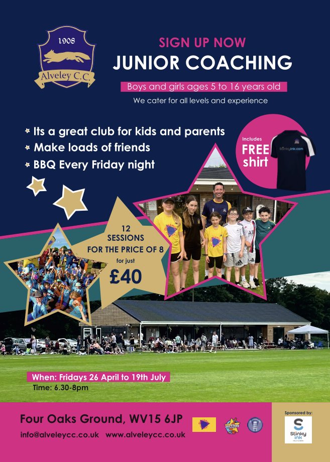 alveleycc's tweet photo. Children aged 5plus - Sign up to our junior membership and receive a FREE Alveley training shirt branded with our junior sponsors Stinky Ink 

x12 sessions for just £40 with a free training shirt.

Simply complete the online form here:  https://t.co/l3U0wjqPtM https://t.co/Xqh9hNEkxs