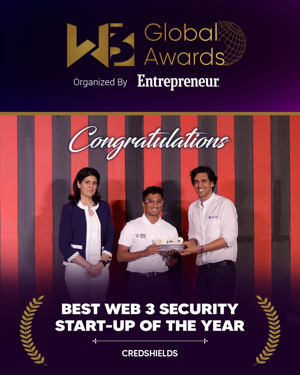 Congratulations to CredShields for winning the Best Web3 Security Start-up of The Year at the W3 Global Awards hosted by Entrepreneur India! 

 Your commitment to enhancing cybersecurity in the Web3 ecosystem is incredible! 

 #Credshields #Web3Security #W3GlobalAwards 🎉