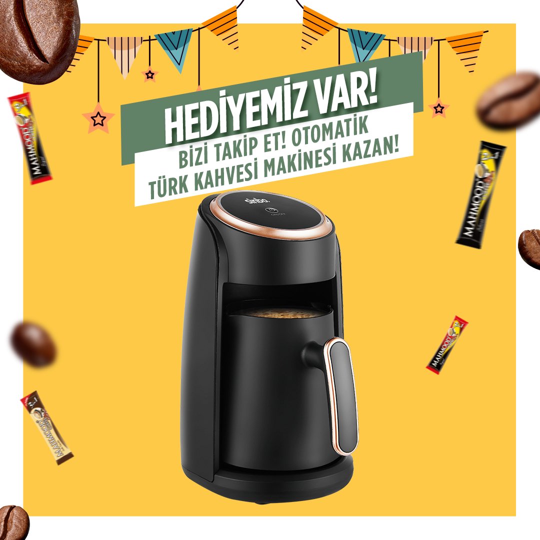 Hediyemiz var!🎁 1 kişiye Türk Kahvesi Makinesi ve Mahmood Coffee kahve seti + 5 kişiye de Mahmood Coffee Kahve Seti hediye ediyoruz!❤️🎉 Katılmak için; ☕️@MahmoodCoffeeTR hesabımızı takip et, ☕️Hediye tweetimizi beğen, ☕️Kahve içmeyi en sevdiğin 3 arkadaşını yoruma etiketle!