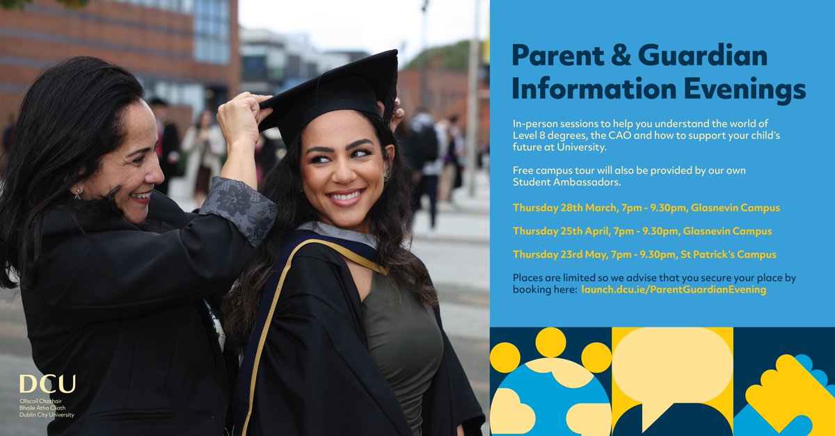 Are you a parent / guardian of a student who is considering Level 8 study after their Leaving Cert? If so, @DCU Parent/Guardian Information Evenings may be of interest to you. For details, check dcu.ie/studentrecruit… @DCUFSH @TeamDCU #CAO2024 #LeavingCert2024