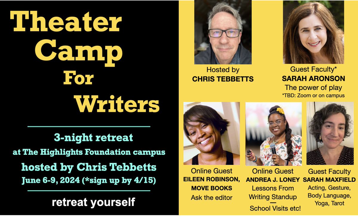 Theater Camp For Writers! Please join us (and please help me spread the word about this 3-day workshop I'm hosting at the Highlights Foundation in June). Follow us on FB and IG @theatercampforwriters. Thanks! More info and registration here: sites.google.com/view/theater-c…