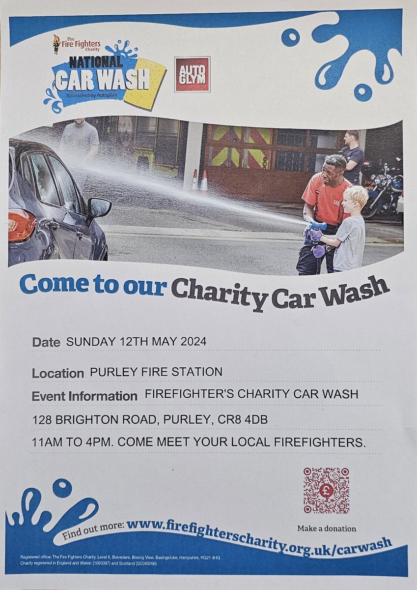 It's that time of year again. The @firefighters999 Car Wash Season is once again upon us here in the #Croydon Borough. First up is #PurleyFireStation. Put the 12th of May into your Diary. Drive to Purley and have your car washed by Operational Firefighters for a small donation.