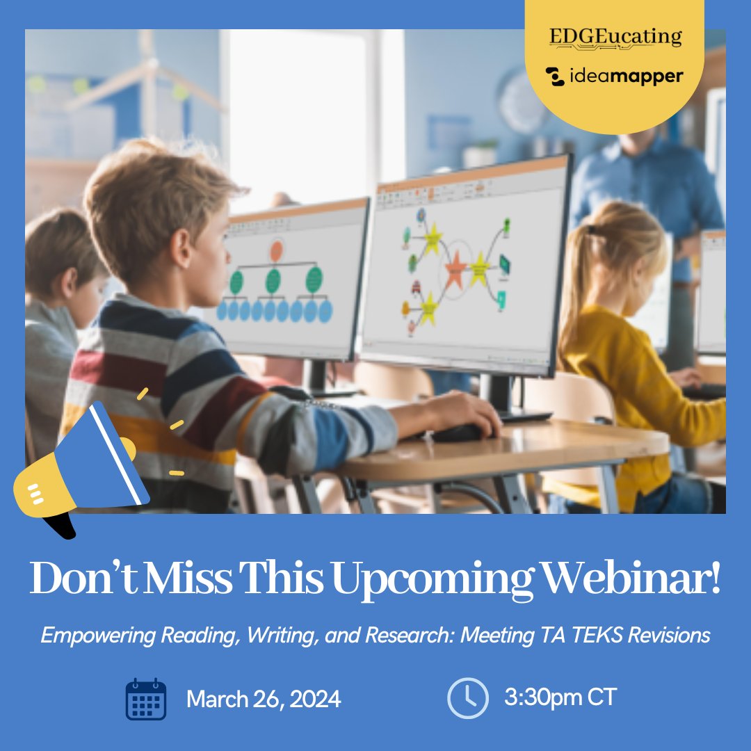 This webinar with <a href="/idea_mapper/">ideamapper</a> is designed to equip #educators with the knowledge and tools to integrate computational thinking and data collection and management into reading, writing, and research, aligning with the latest #TATEKS revisions. Register: zurl.co/W7Oj