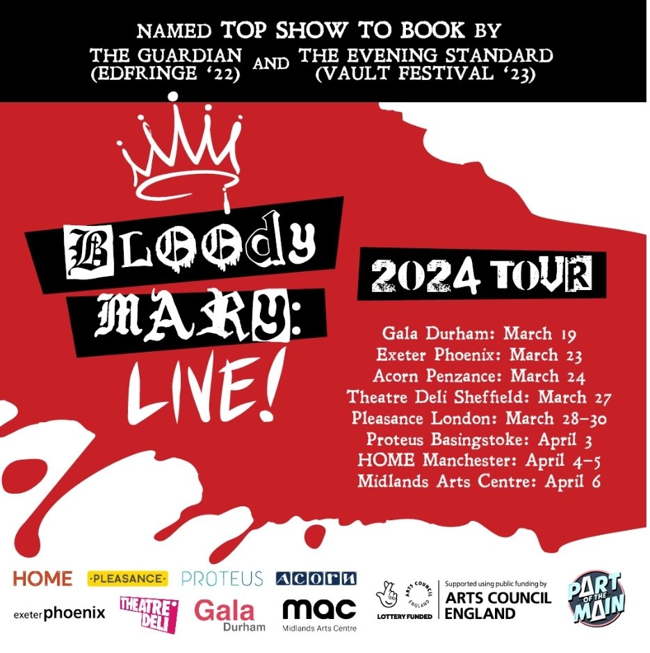 She's bloody. She's Mary. She's LIVE! Teen queen Mary Tudor takes to the mic to tackle the drama every #queenager deals with: divorced parents, sibling rivalry & religious purges (oops). ★★★★★ #BloodyMaryLIVE! tours to @exeter_phoenix this Sat! 🎫: bit.ly/BMLTour