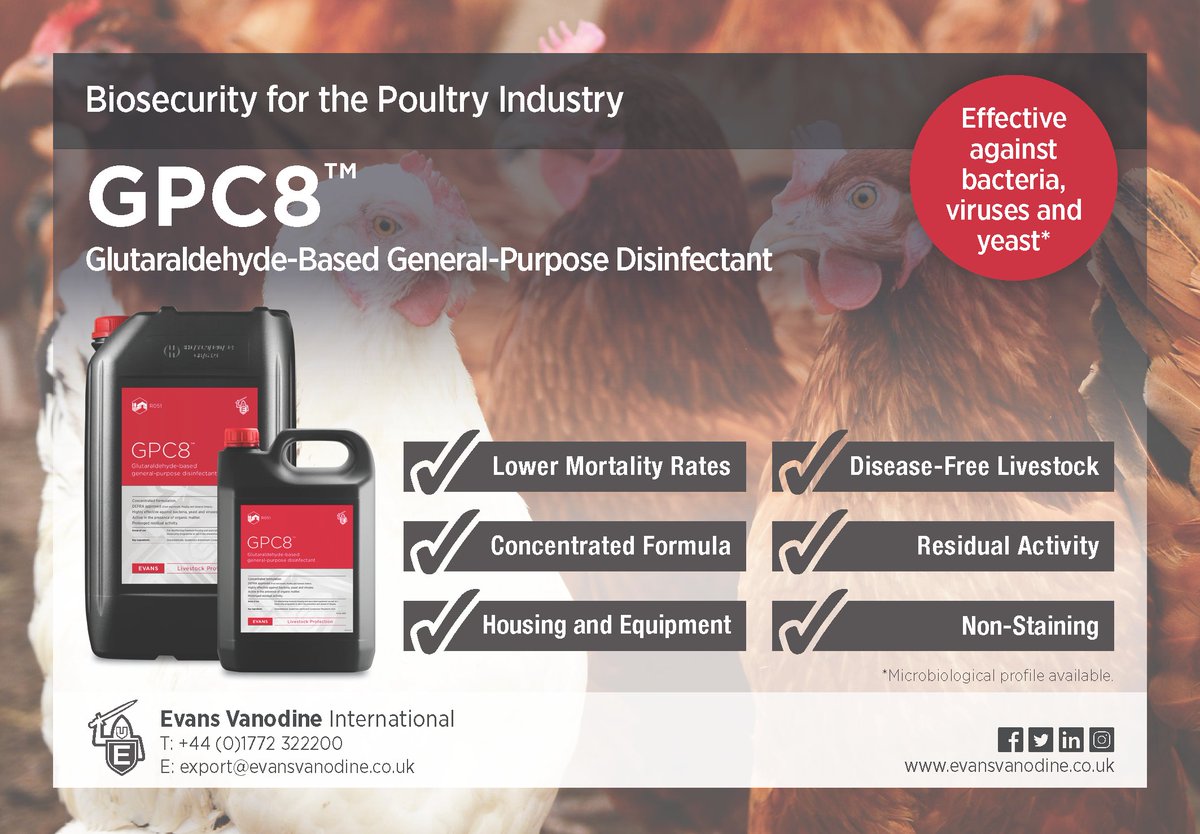 It's #PoultryDay and we would like to remind all poultry farmers that Defra approved GPC8, the first glutaraldehyde and quaternary disinfectant formulation in the industry, is specifically formulated to reduce disease-causing microorganisms to safe levels. #biosecurity