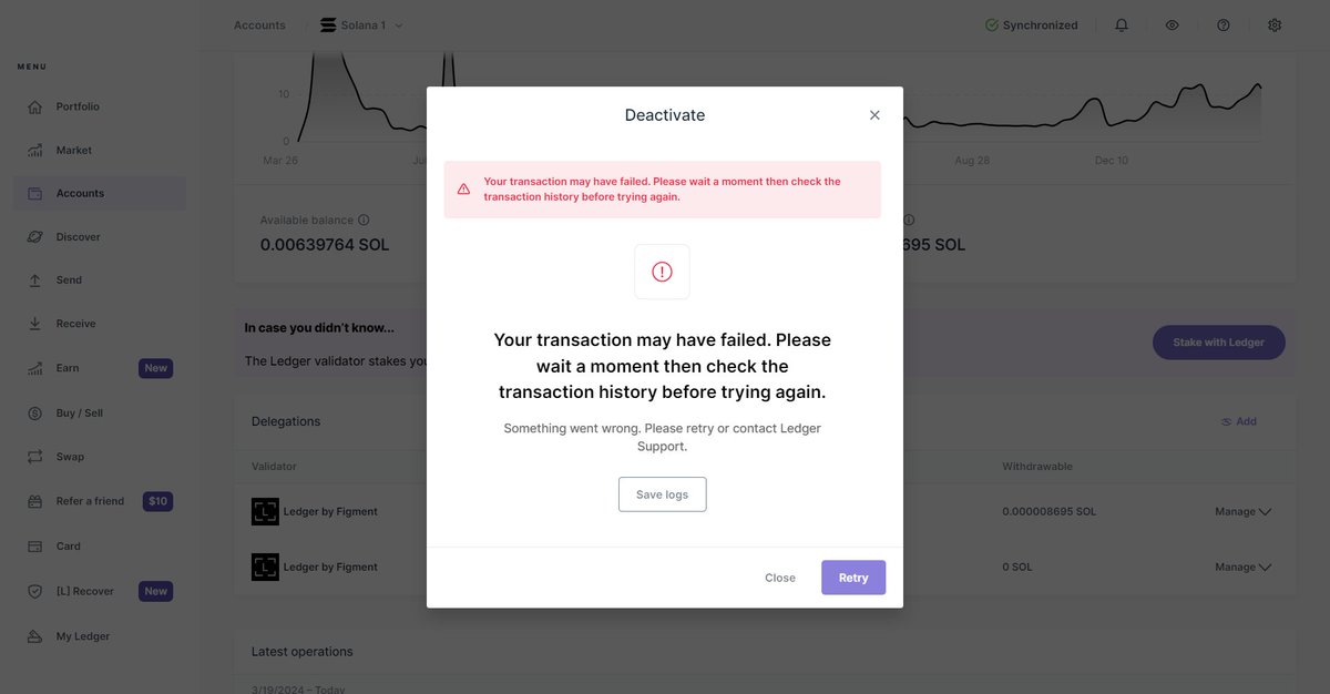 👋Hey #Solana users! The Solana network is currently experiencing congestion and issues with fees 🚧 As a result, you might encounter error messages like 'Network error' or 'Your transaction might have failed...' when attempting to send, stake, or unstake $SOL in Ledger Live…