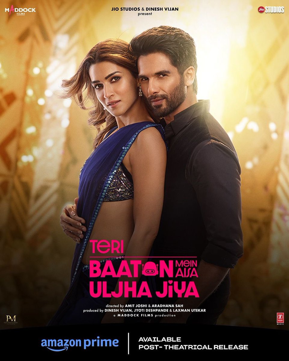 ocdtimes's tweet photo. Aryan meets a perfect girl, Sifra, and falls in love with her only to discover later that it’s an impossible love story.
.
#TeriBaatonMein available post-theatrical release. 
.
#OCDTimes #ShahidKapoor #KritiSanon #RobotRomcom #JioStudio #MaddockFilms #Dharmendra #DimpleKapadia #AmitJoshi #AradhanaSah #TeriBaatonMeinAisaUljhaJiya #AreYouReady #PrimeVideoPresents
.
Production house: Maddock Films Pvt. Ltd.,
Jio Studios
Producer(s): Dinesh Vijan, Jyoti Deshpande, Laxman Utekar 
Director: Amit Joshi, Aradhana Sah
Writer(s): Amit Joshi, Aradhana Sah
Cast: Shahid Kapoor, Kriti Sanon, Dharmendra, Dimple Kapadia