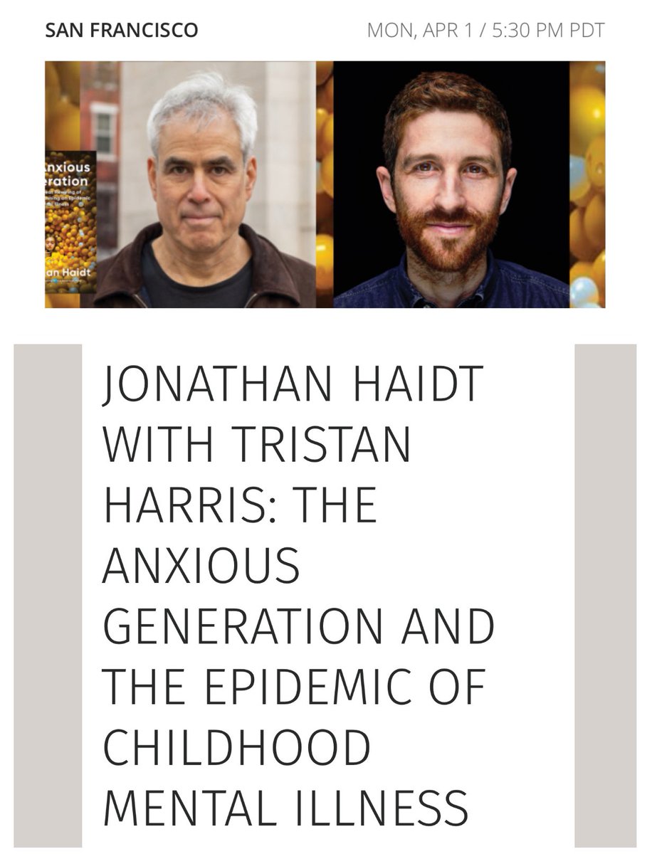 @EpsilonTheory @JonHaidt @TheAtlantic 💯🎯 Every parent, educator & “wellness” professional should read Jon’s book, which releases in exactly one week. On April 1st at 5:30 PM PDT I am hosting @JonHaidt in conversation with @tristanharris - don’t miss it! Remote & in-person registration 👇commonwealthclub.org/events/2024-04…