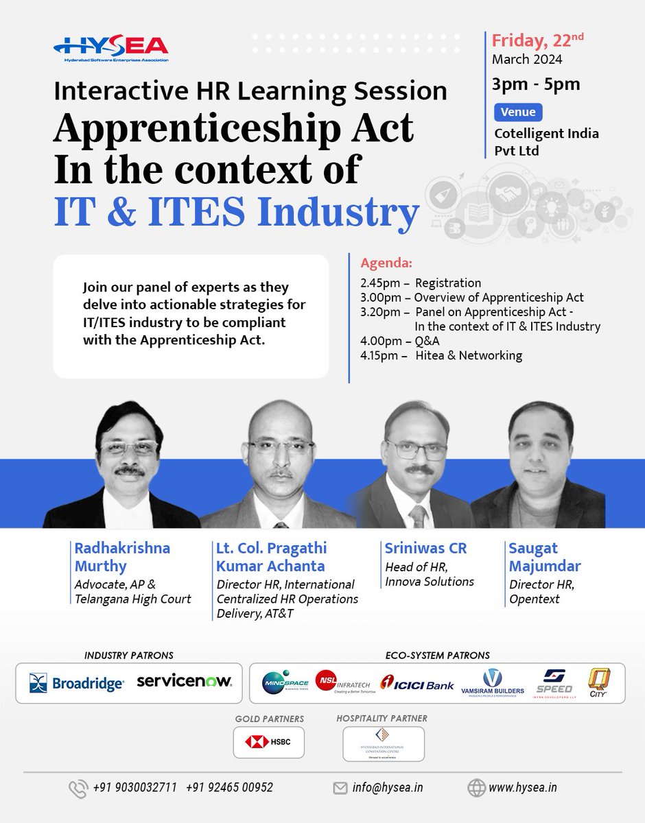 HYSEA1991's tweet photo. Seeking clarity on the Apprenticeship Act updates?
Join our HR Panel Discussion on "Apprenticeship Act in IT & ITES Industry" on March 22nd, 2:45 PM - 4:30 PM.
Register: info@hysea.in (Registration Mandatory)
#ApprenticeshipAct #HRlearning #ITindustry https://t.co/aPZY8JOcYE