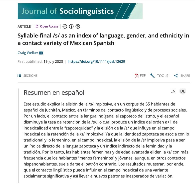 ✨NEW #JSLX article: Syllable-final /s/ as an index of #language, #gender, and #ethnicity in a contact variety of Mexican #Spanish. 📖 '[...] high rates of /s/ reduction are linked to the use of Isthmus Zapotec and an orientation to “Zapotecnessness'. ➡️ buff.ly/43CCkpg