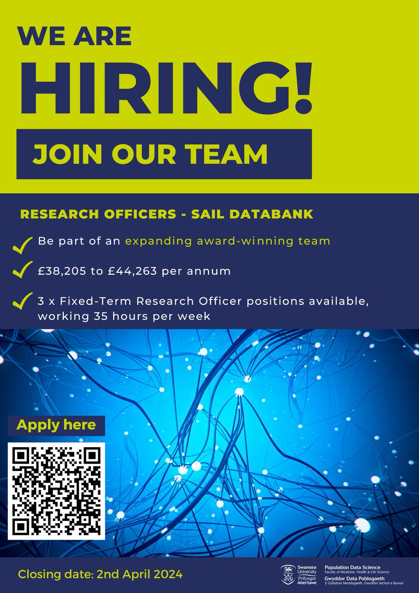 Would you like to contribute to ground breaking research using linked population data held in @SAILDatabank?💫 We have 3 new Research Officer Positions available @PopDataSci_SU! 📅Closing: 2 April 2024 For more info and to apply👉 swansea.ac.uk/jobs-at-swanse…