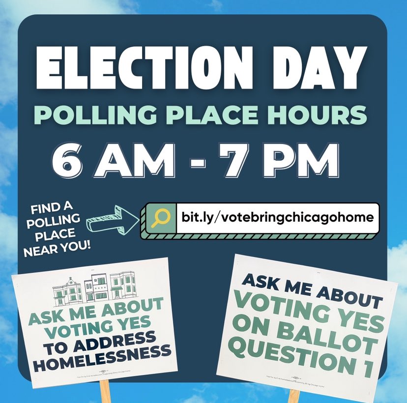 🗳 Election Day is here and the time is NOW to #BringChicagoHome!! ✨ We’re voting YES to create a city  that prioritizes permanent affordable housing and supportive services over temporary band-aid solutions. Find a polling place near you ➡️ bit.ly/votebringchica…