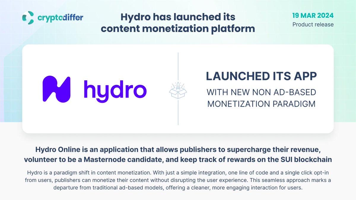 ❗️@Hydro_Online_ has launched its content monetization platform Hydro allows publishers to supercharge their #revenue, volunteer to be a Masternode candidate, and keep track of rewards on the @SuiNetwork blockchain. 👉 x.com/Hydro_Online_/…