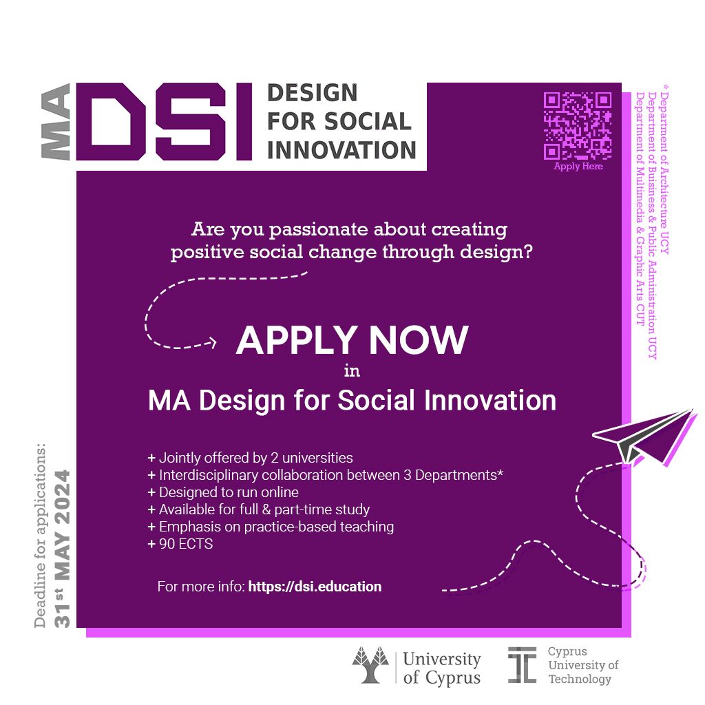 MA in Design for Social Innovation in collaboration with @CyUniTech in English Language. Combining the expertise, knowledge and the resources of both institutions into creating positive social change through design! DEADLINE 23:59 EET 31 May 2024 Apply: dsi.education