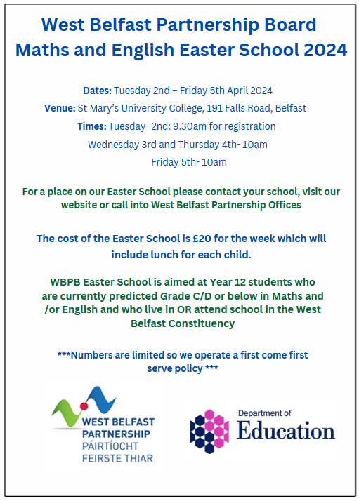 1/2 EASTER SCHOOL APPLICATIONS CLOSING DEADLINE EXTENDED! Our Easter School application deadline has been extended until this Friday 22nd March at 12pm. Application forms can be got from your school and returned to your school or downloaded via our website