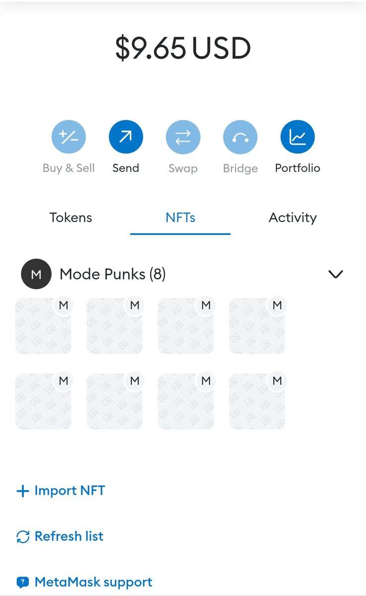 0xMobidrops's tweet image. Minted out 20 #ModePunks on Mode network... These are the first NFTs on Mode chain... I was also able to import the NFTs to my MetaMask wallet...