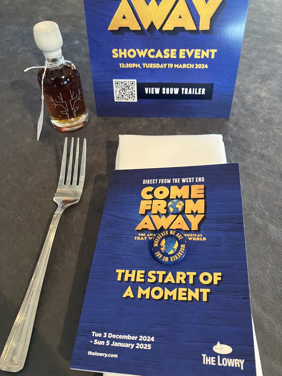 TheEventSpotter's tweet photo. We’re at the Press Launch of @ComeFromAwayUK at the Lowry today. Any event that gives you free maple syrup is a winner in my book! https://t.co/2AEGfI8e0N