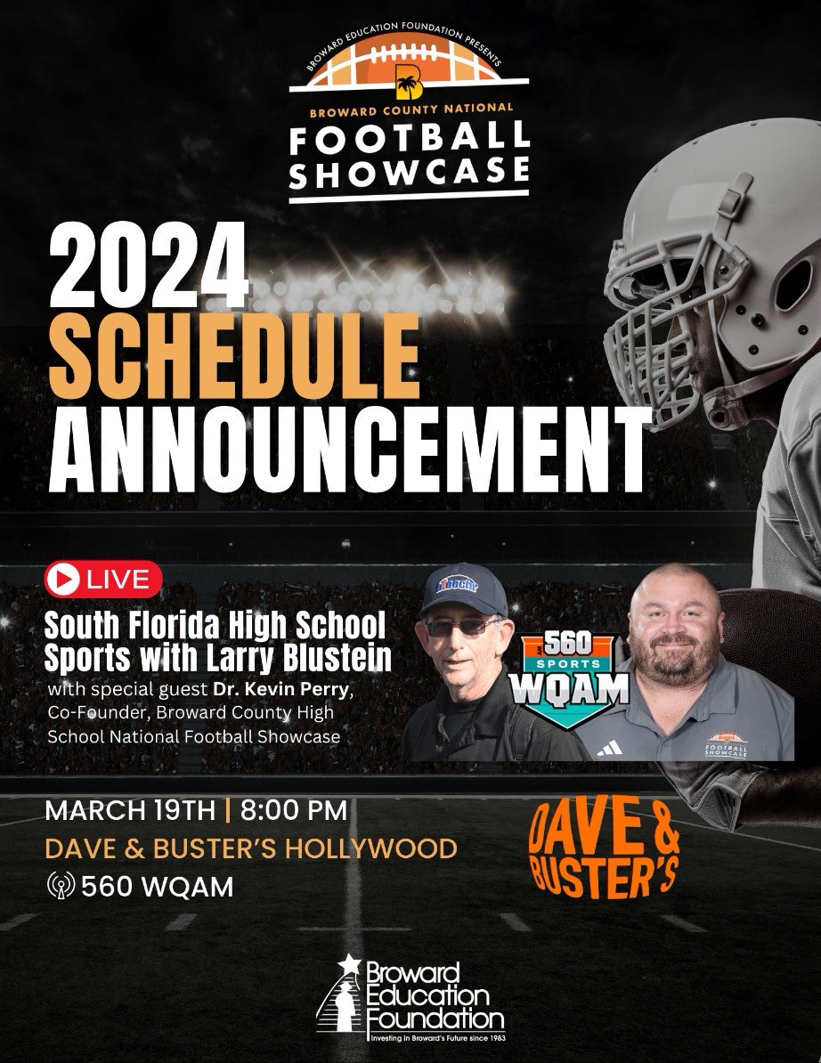 The South Florida High School Sports Radio Show powered by @UHealthSports Tonight (8-10) on @560WQAM – We are live at Dave & Buster's Hollywood. audacy.com/podcast/south-… @BrowardsEliteFB @mnw_fb @MHS_Knights_FB @D2Dperformance @CreekFootball1