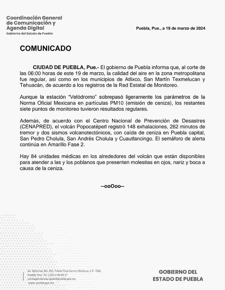 #COMUNICADO Al corte de las 06:00 horas de este 19 de marzo, la calidad del aire en la zona metropolitana fue regular, así como en los municipios de Atlixco, San Martín Texmelucan y Tehuacán, de acuerdo a los registros de la Red Estatal de Monitoreo. El semáforo de alerta