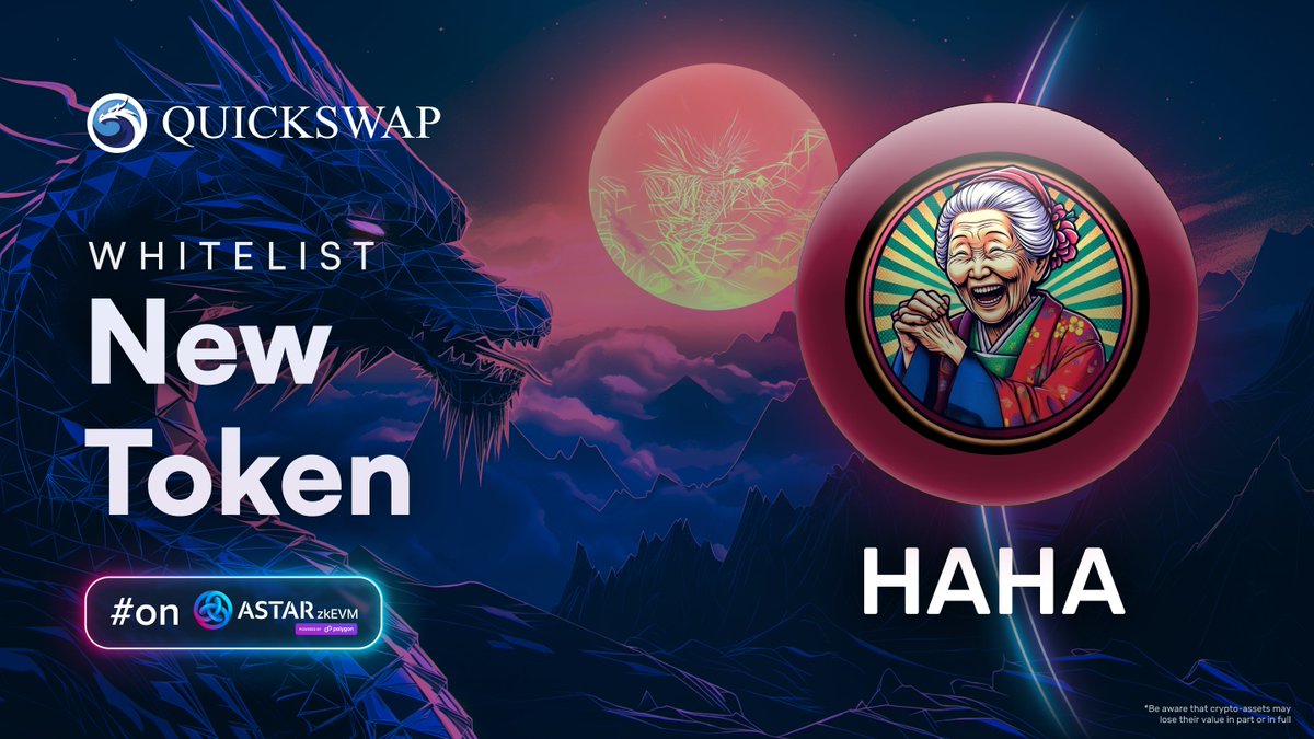 $HAHA has been whitelisted on QuickSwap and is accessible via the token list! 👏 Trade the biggest memecoin on Astar zkEVM directly on the DEX through the HAHA/ETH and HAHA/ASTR pairs. @hahacoinastar community, get ready for some memes and fun with the dragons.