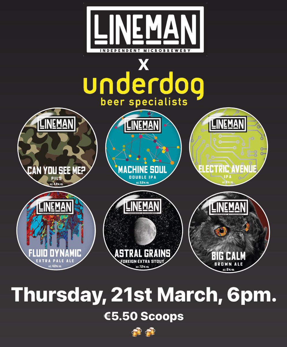 Stick this in your diary, Friends!!! 
We’ve Lineman in the house this THURSDAY for a TTO! All 6 beers below will be €5.50, Mark’s joining us so come down and meet your hero!
(**Kev and Al are back in the kitchen with their world famous wings!!**) 
Thursday, 6pm!!
😘😘🍻🍻✌🏼✌🏼