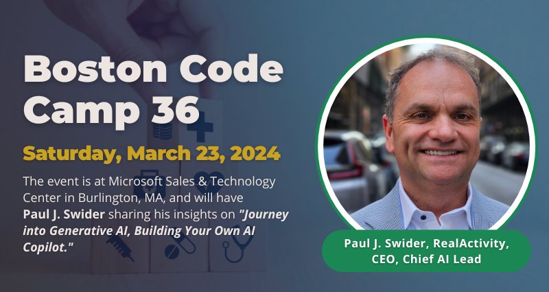 pswider's tweet image. This Sat, March 23: Dive into #BostonCodeCamp36! Our CEO, @pswider, will explore &quot;Building Your Own AI Copilot&quot; using #SemanticKernel. It&apos;s tech, learning, and a bit of birthday celeb too! 🥳

bostoncodecamp.com

#genai #mvpbuzz #rdbuzz #ai #semantickernel #boscc