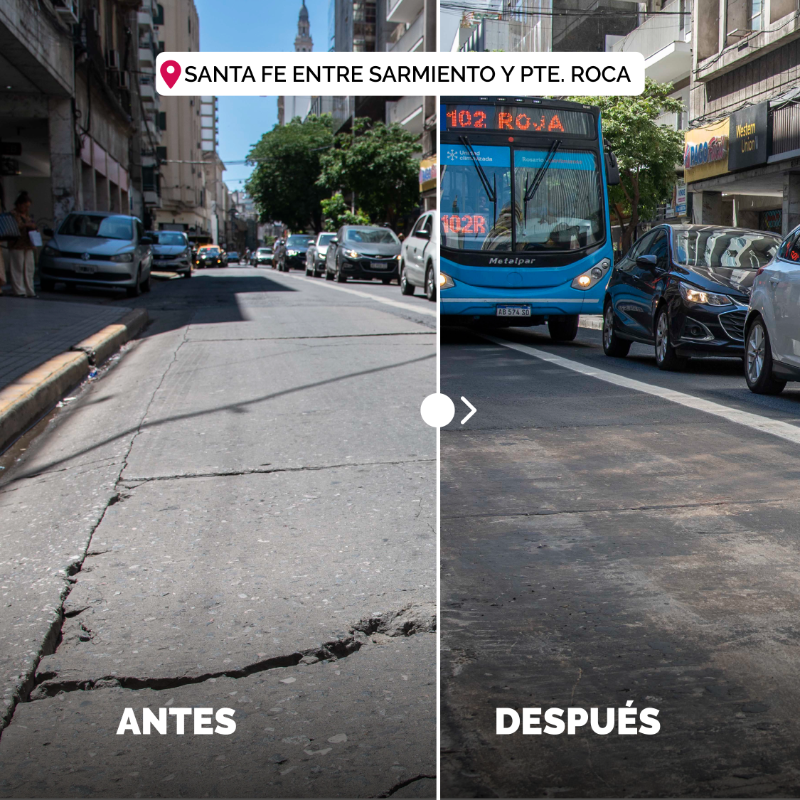MuniRosario's tweet photo. #PlanDeCalles ➡️ Mirá 👇 este Antes/Después de la reconstrucción de calle Santa Fe.
De 📍 Sarmiento a Presidente Roca realizamos tareas sobre la base y cunetas, y la reconstrucción de paradas de hormigón más resistentes para el transporte público.