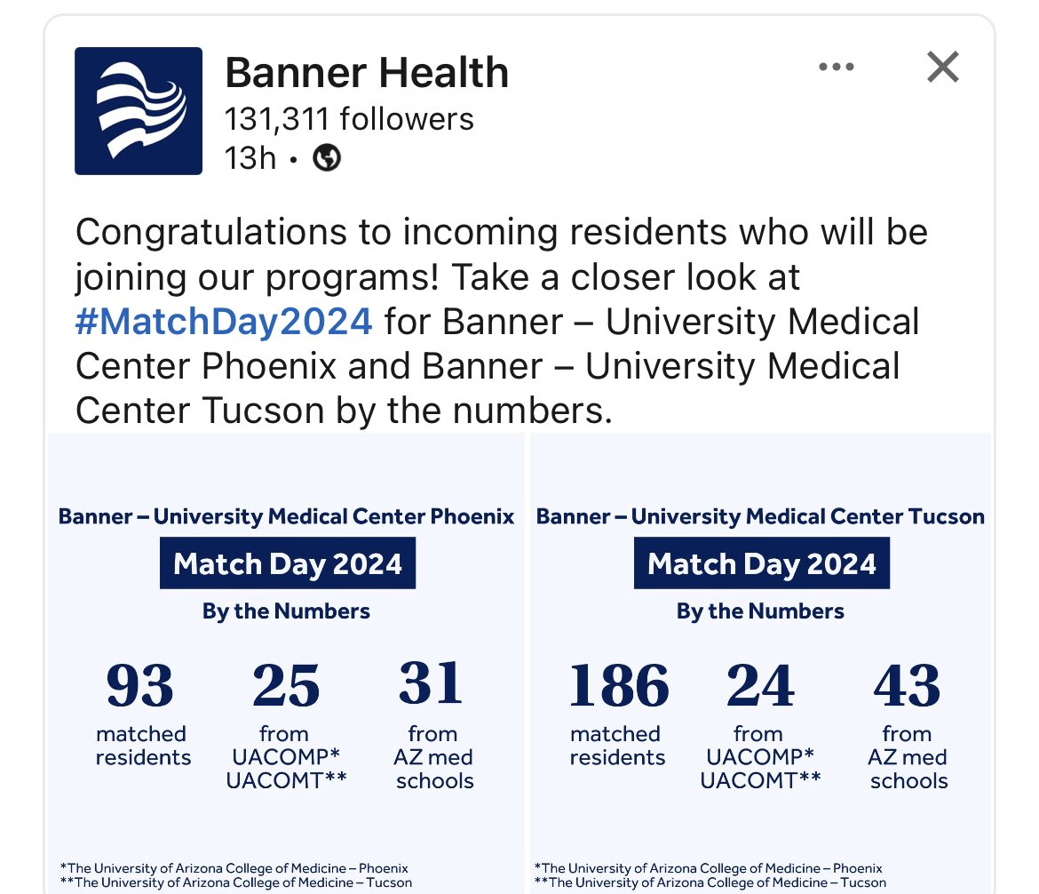 Close to 300 matched residents into BUMC-P and BUMC-T programs! Congratulations to the incoming residents and to Banner Health for continuing to lead in medical training across Arizona! @uazmedphx @UAZMedTucson @uarizona