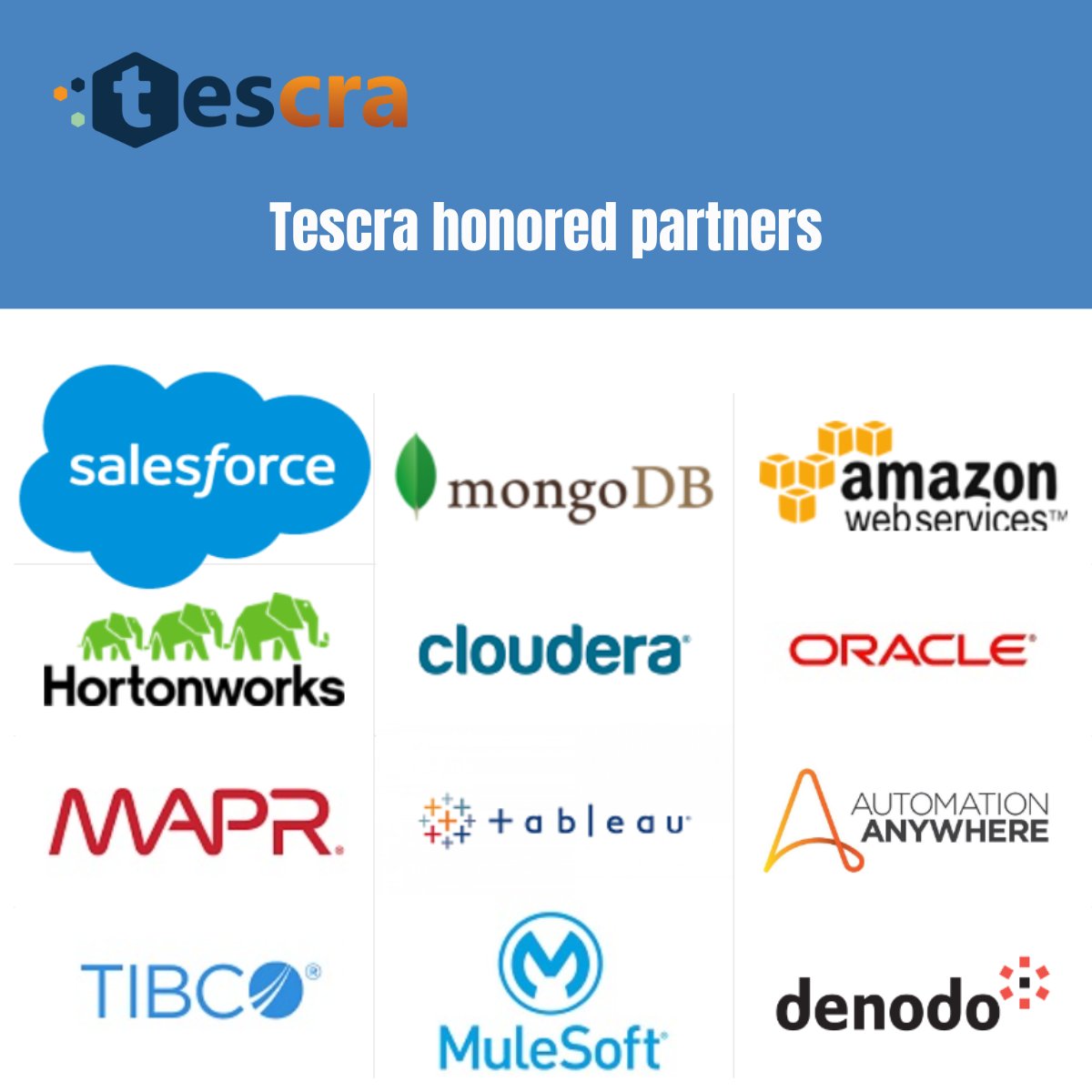 Digital Transformation focuses more on customer experience. It helps businesses design applications that are easy to use for customers
Tescra Honored Partners
#salesforce #mangodb #amazonwebservices #hortonworks #oracle #cloudera #Mapr #tableau #automationanywhere #tibco