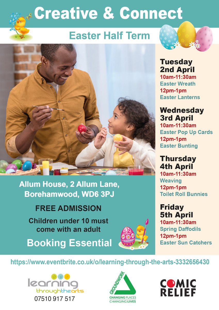 Join us for our FREE children and family  workshops in Borehamwood 🎨

This Easter half-term we have lots of fun activities planned 🐣

Don't miss out. Book now!

eventbrite.co.uk/o/learning-thr…

#fun #free #halftermactivities #easter #family #borehamwood #learn #children #craft #kids