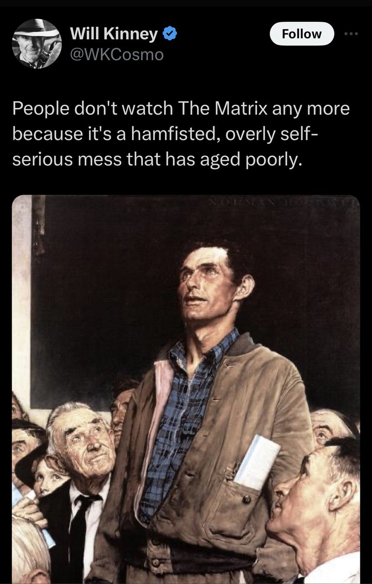 ZeroSuitCamus's tweet photo. Off the top of my head I cannot think of a movie that has aged less poorly than The Matrix https://t.co/UVwiFncY6H