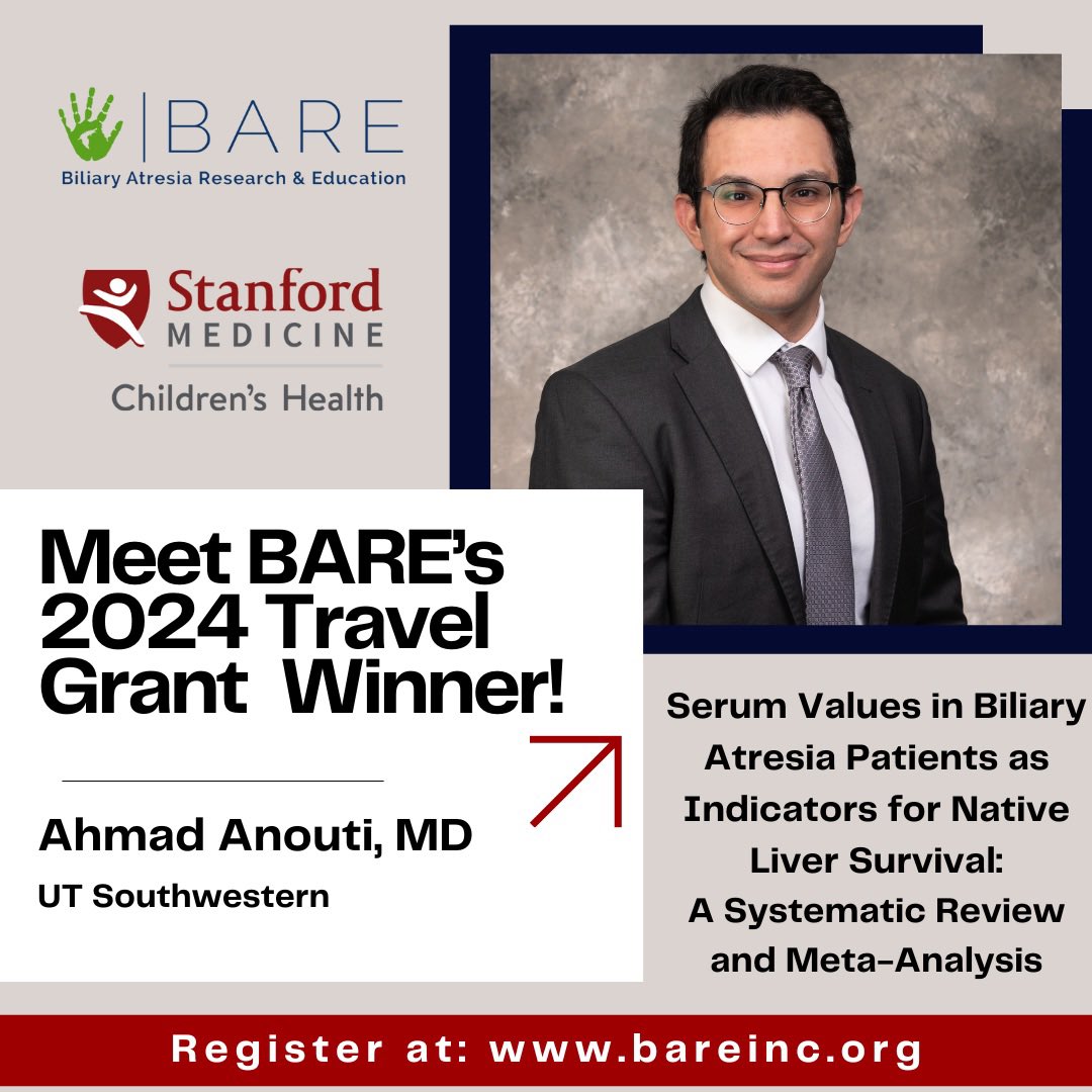 BARE (@bareinc_org) on Twitter photo Congratulations to <a href="/anouti_ahmad/">Ahmad Anouti, MD</a> from <a href="/UTSWNews/">UTSW Media Relations</a> for being a BARE 2024 abstract travel grant winner!
Looking forward to your presentation on 5/10/24 at our Symposium!
#BARE2024 #research #education #biliaryatresia Congratulations to <a href="/anouti_ahmad/">Ahmad Anouti, MD</a> from <a href="/UTSWNews/">UTSW Media Relations</a> for being a BARE 2024 abstract travel grant winner!
Looking forward to your presentation on 5/10/24 at our Symposium!
#BARE2024 #research #education #biliaryatresia