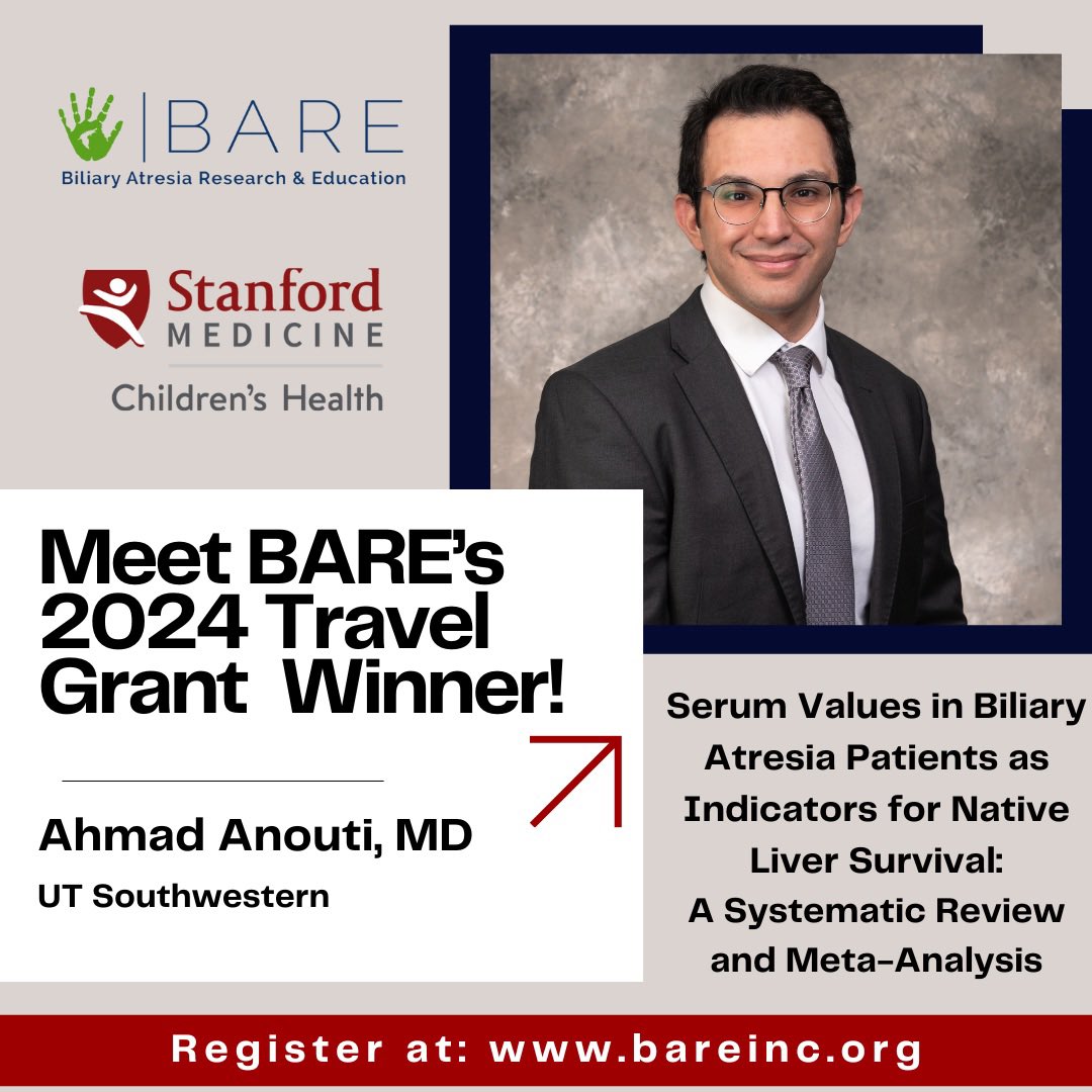 Congratulations to @anouti_ahmad from @UTSWNews for being a BARE 2024 abstract travel grant winner! Looking forward to your presentation on 5/10/24 at our Symposium! #BARE2024 #research #education #biliaryatresia