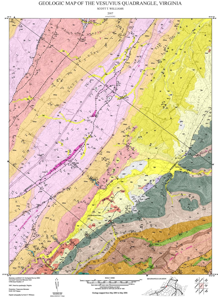 VAGEOL's tweet photo. Not a stratovolcano in Italy, but arguably just as cool. Check out the geology of the Vesuvius 7.5' quad - it features the Blue Ridge thrust fault and outcrops of fault breccia. #TectonicsTuesday https://t.co/K7dEwYhUR6 https://t.co/zG72RabSRL