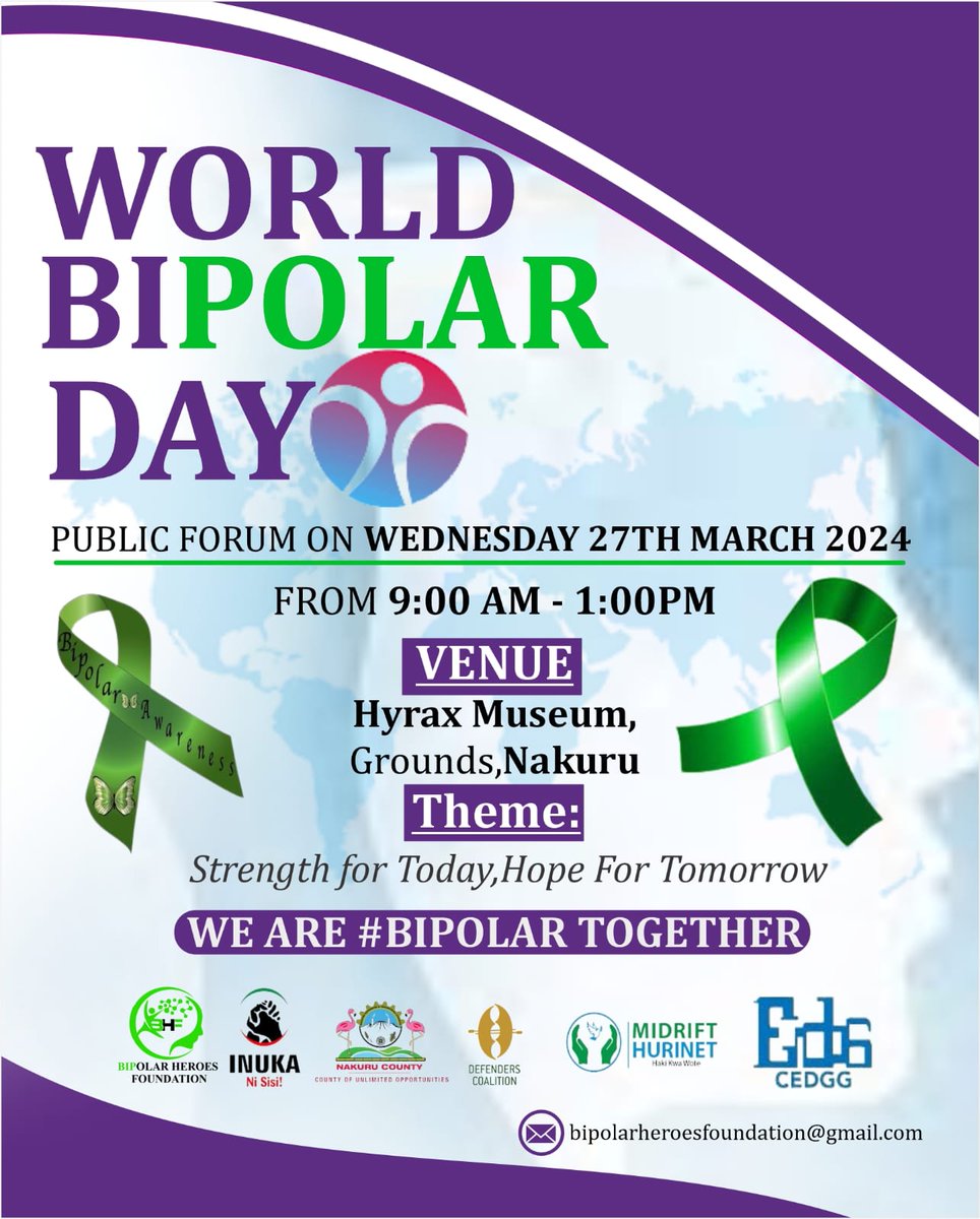 Join us for this public forum: Date: Wednesday, March 27th, 2024 Time: 9:00 AM - 1:00 PM Location: Hyrax Museum Grounds, Nakuru Theme: Strength for Today, Hope for Tomorrow We will be raising awareness about bipolar! We are #BipolarTogether