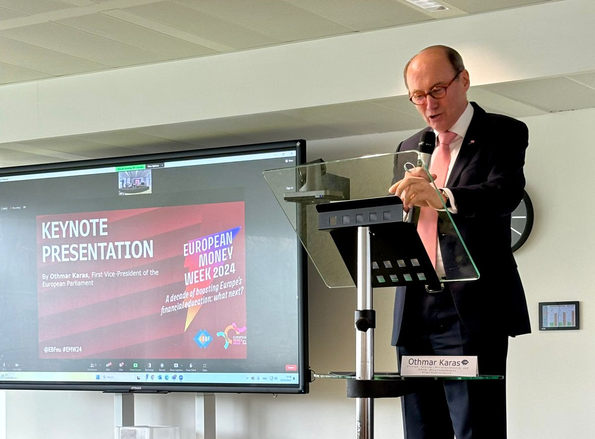 EBFeu's tweet photo. "With 80 days before the #EUElections, Financial Education must be on top of every political agenda. We need to educate not only citizens, but also opinion leaders and politicians", @othmar_karas opened the keynote at the #EMW24 https://t.co/3HKGYbozXw
