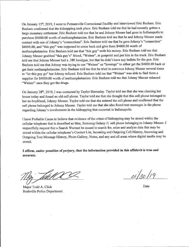 Yesterday during Officer Todd Click's testimony in the #Delphi case, Click mentioned a phone of Johnny Messer's. @HoosierColdCase found the miscellaneous criminal cause opened to obtain a search warrant. I've attached Officer Click's affidavit for the warrant here, which seems to