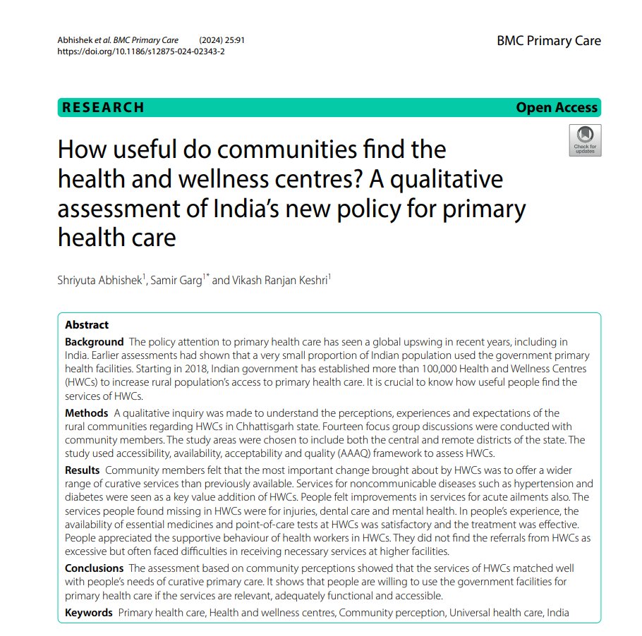 🌟 Our latest paper explores rural community perceptions of #HealthandWellness Centers in #Chhattisgarh, India in transforming primary healthcare delivery! Key insights into accessibility, availability, acceptability, and quality #PHC #HealthforAll #UHC shorturl.at/izTVW