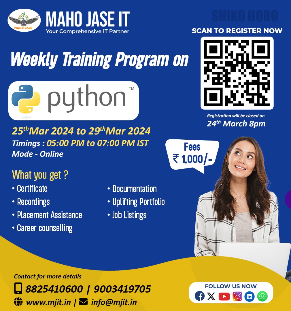 mahojase's tweet image. Ready to dive into Python? Join our weekly training sessions! 🐍
.
.
.
click here to register : rzp.io/l/WTPPython250…

#PythonJourney #SkillBuilding #PythonAdventure #CodeCommunity #PythonPower #LearnEveryWeek #mahojaseit #mjit #YourComprehensiveITPartner